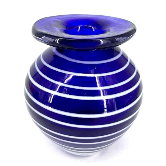 Unmarked Other - Cobalt Blue Vase Art Glass Iridescent White Swirled Small 3 1/4"